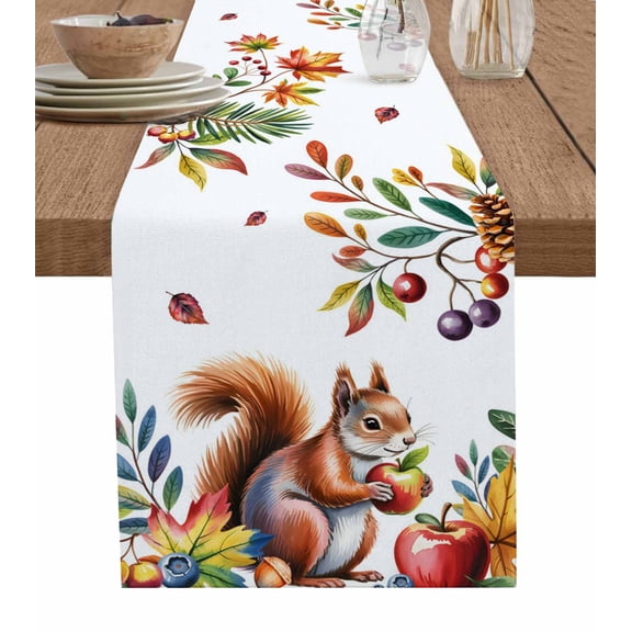 Colorful Squirrel Burlap Cotton Table Runner 13x48 Inches Long, Botanical Berry Pine Cones Watercolor Farmhouse Table Runners, Outdoor Dining Tablecloths Decor for Baby Shower/Party/Wedding