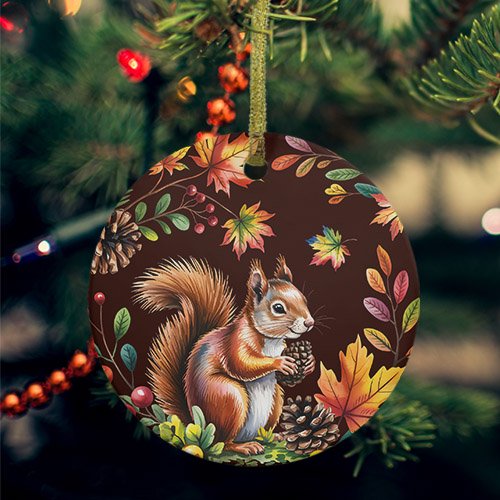 Colorful Squirrel Ceramic Ornaments, Brown Botanical Berry Pine Cones Round Porcelain Hanging Ornaments with Gold String, Xmas Decorations Keepsake Gifts for Holiday Home Party 3''