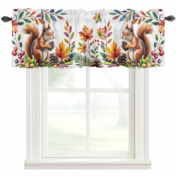 Colorful Squirrel Farmhouse Short Window Curtain Valances, Botanical Berry Pine Cones Rod Pocket Kitchen Valances for Living Room Bedroom Bathroom Cafe 60" x 18"