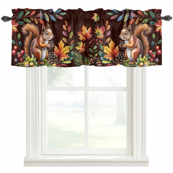 Colorful Squirrel Farmhouse Short Window Curtain Valances, Brown Botanical Berry Pine Cones Rod Pocket Kitchen Valances for Living Room Bedroom Bathroom Cafe 42" x 18"