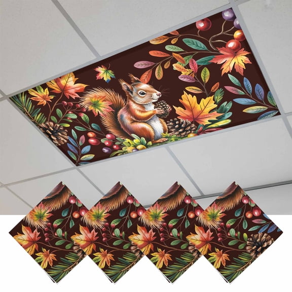 Colorful Squirrel Fluorescent Light Covers, Brown Botanical Berry Pine Cones Magnetic Light Covers for Ceiling Lights, Fluorescent Ceiling Shade Filters for Classroom Bedroom Office 4x2Ft x 4PCS