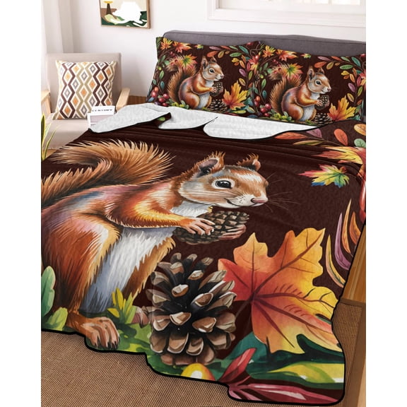 Colorful Squirrel King Size Down Alternative Comforter, Lightweight Comforter Quilt Bedding Set with Pillow Shams Brown Botanical Berry Pine Cones All Seasons Bed Comforter Duvet Insert 96"x106"