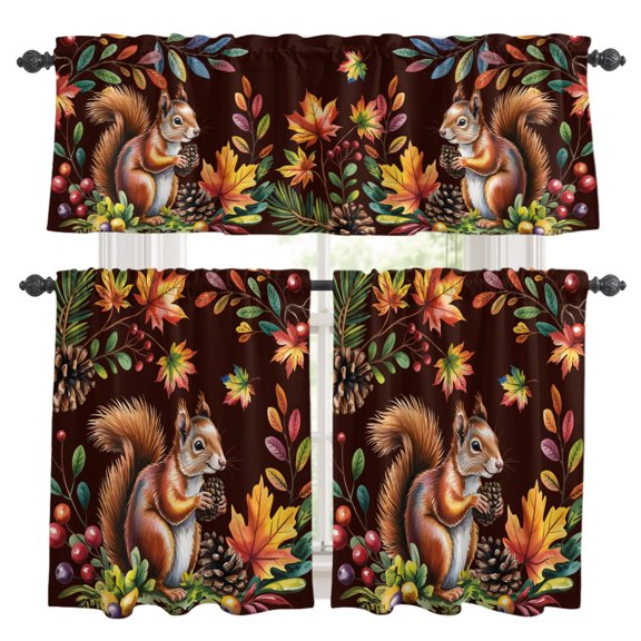 Colorful Squirrel Kitchen Curtains, Kitchen Curtains and Valances Set of 3, Brown Botanical Berry Pine Cones Light Filtering Tailored Tier Curtain 36 Inch Length Drapes for RV Cafe Bathroom Bedroom
