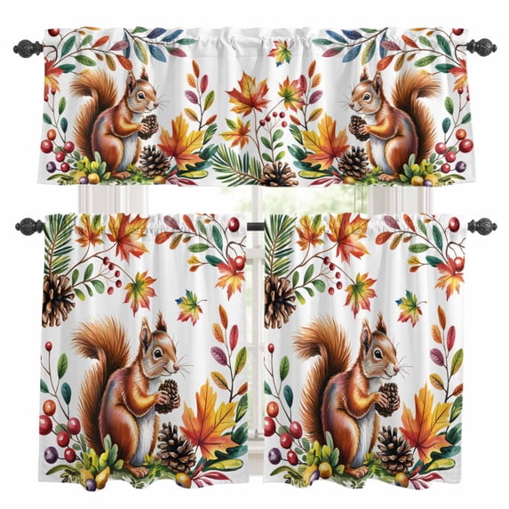 Colorful Squirrel Kitchen Curtains Sets for Windows 36 Inch Length, Botanical Berry Pine Cones Rod Pocket Window Treatments Tier Curtains and Valances Set for Bedroom/Bathroom