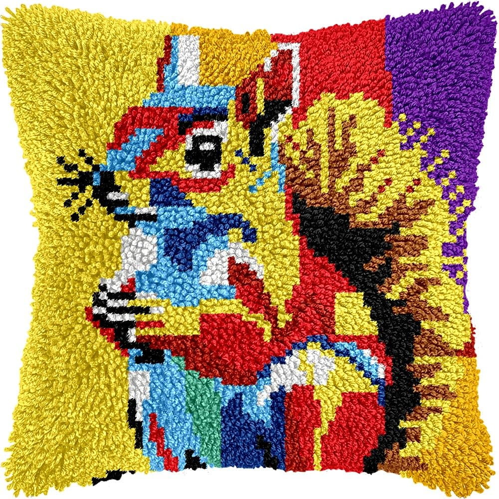 Colorful Squirrel Latch Hook Pillow Kits for DIY Throw Pillow Cushion Embroidery Latch Hooking Pillowcase Kits with Preprinted Canvas Crochet Yarn Kits for Home Decor 17''X 17''(C152)