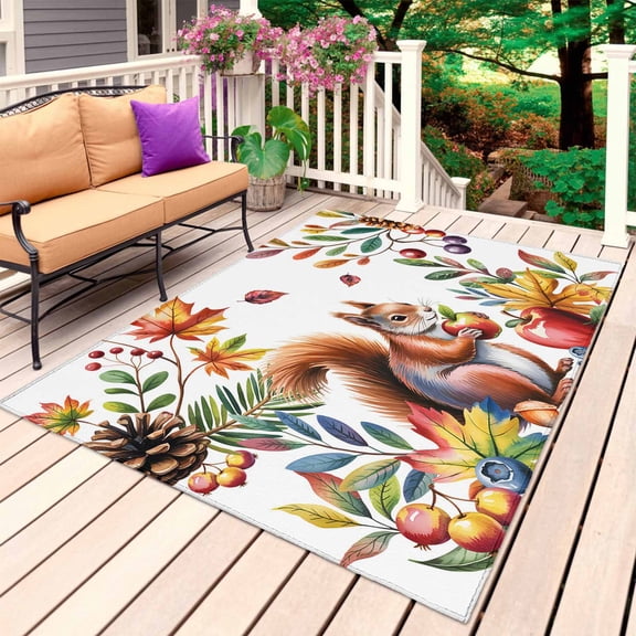 Colorful Squirrel Outdoor Rug for Patio/Deck/Porch, Non-Slip Large Area Rug 5 x 8 Ft, Botanical Berry Pine Cones Watercolor Indoor Outdoor Rugs Washable Area Rugs, Camping Rug Carpet Runner