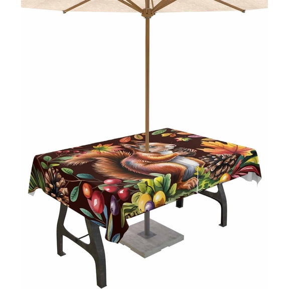 Colorful Squirrel Outdoor Tablecloth with Umbrella Hole & Zipper, Brown Botanical Berry Pine Cones Rectangle Table Cover 60x84 Inch, Dining Waterproof Table Cloth Protector for Patio/Party