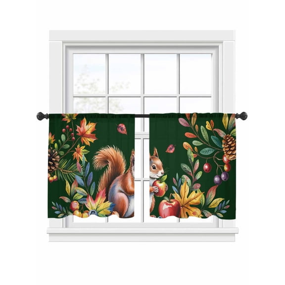 Colorful Squirrel Sheer Curtains 45 Inch Length 2 Panels Set, Semi Transparent Voile Rod Pocket Curtains for Living Dining Room Bedroom Drapes Watercolor Botanical Berry Pine Cones