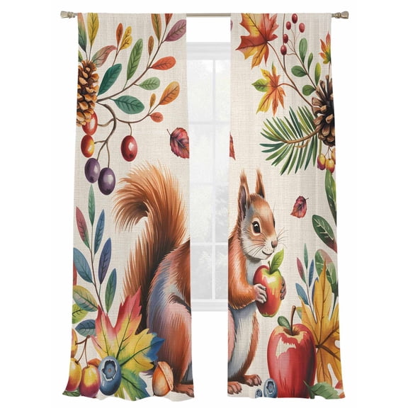 Colorful Squirrel Sheer Curtains 84 Inch Length 2 Panels Set, Semi Transparent Voile Rod Pocket Curtains for Living Dining Room Bedroom Drapes Watercolor Botanical Berry Pine Cones Rustic