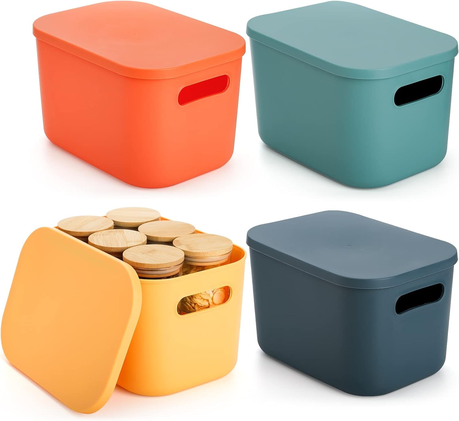 Colorful Stackable Storage Bins with Lid and Handles 4 Pack Plastic
