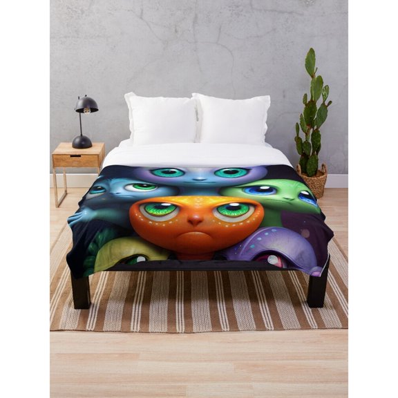 Colorful Stacked Alien Faces Fleece Blanket, Polyester Fleece Fabric, 280 GSM, Sci-Fi Couch and Bedroom Decor