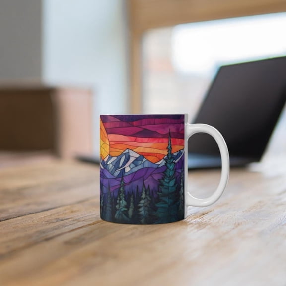 Colorful Stained Gl Mountain Sun Mug, Beautiful Mountain Pines Mosaic Coffee Mug, Mestic Purple Mountains Ceramic Mug, Outdoorsy Mug.