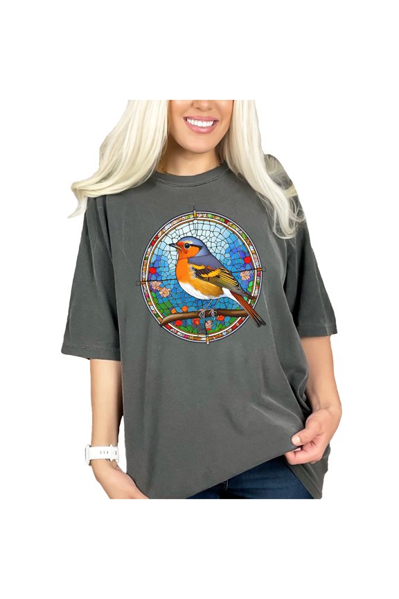 Colorful Stained Glass Bird T-Shirt, Beautiful Robin Bird Design Tee, Unique Nature Lover Gift, Artistic Bird Print Shirt, Vibrant Wildlife, Pepper Comfort Colors T-Shirt, Large