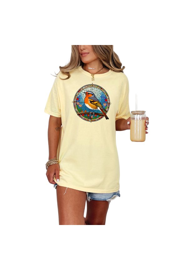 Colorful Stained Glass Bird T-Shirt, Beautiful Wildlife Art Tee, Unique Bird Lover Gift, Vibrant Design Shirt, Nature Inspired Apparel, Butter Comfort Colors T-Shirt, Medium