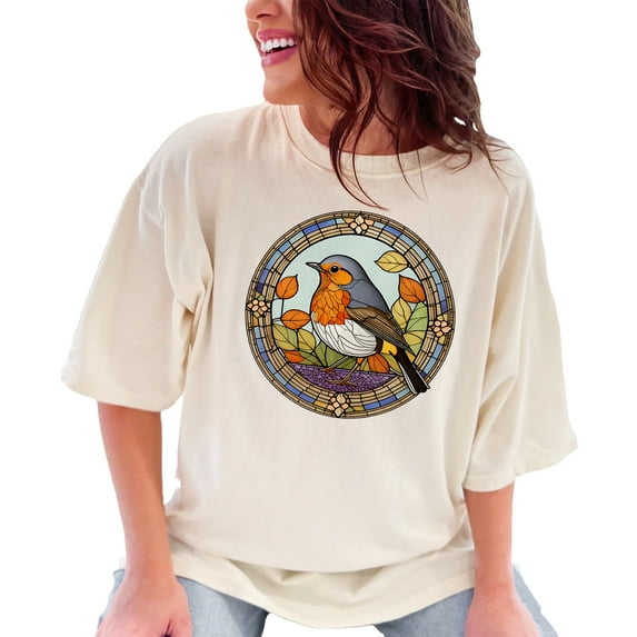 Colorful Stained Glass Bird TShirt, Unique Bird Lovers Gift Tee, Artistic Bird Design Shirt, Nature Inspired Graphic Tee, Casual Wear, Ivory Comfort Colors T-Shirt, 2XL
