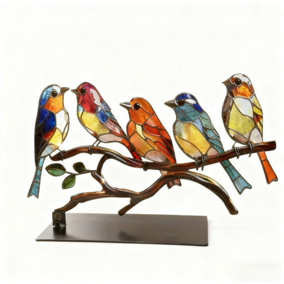 Colorful Stained Glass Birds on Branch Ornament, Metal and Glass Desktop Decoration with Five Bird Pendants, Vibrant Home and Office Decor Accent