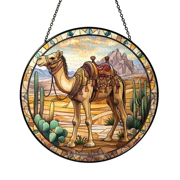 Colorful Stained Glass Camel Suncatcher for Window, Desert Landscape with Cactus and Mountain Background Round Hanging Nature Light Gift