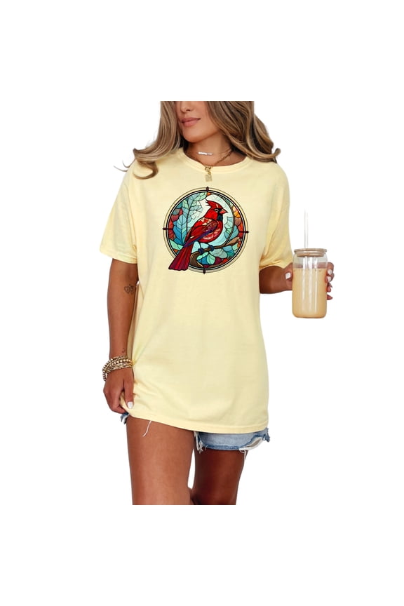 Colorful Stained Glass Cardinal T-Shirt, Nature Bird Art Tee, Vibrant Cardinal Design, Unique Artistic Clothing, Beautiful Bird Shirt, Butter Comfort Colors T-Shirt, 3XL
