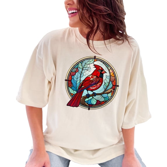 Colorful Stained Glass Cardinal T-Shirt, Nature Bird Art Tee, Vibrant Cardinal Design, Unique Artistic Clothing, Beautiful Bird Shirt, Ivory Comfort Colors T-Shirt, XL