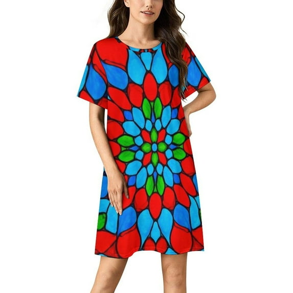 Colorful Stained Glass Design Women Nightgown Sleepwear Short Sleeves For Vacations Travels Nightgowns Women's Pajamas