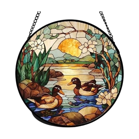 Colorful Stained Glass Effect Window Hanging Suncatchers with Sunset Mountains
