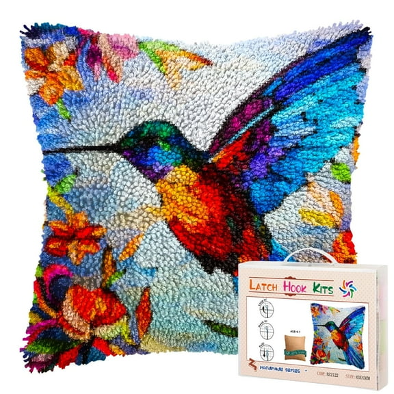 Colorful Stained Glass Hummingbird DIY Latch Hook Pillow Kits for Adults Printed Pillowcase Crochet Yarns Hooking Handmade Pillow Cover Cushion for Home Sofa Decoration 17x17inch