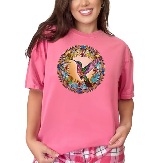 Colorful Stained Glass Hummingbird Design T-Shirt, Unique Hummingbird Art Tee, Artistic Bird Lovers Shirt, Vibrant Nature-Inspired Apparel, Crunchberry Comfort Colors T-Shirt, Large