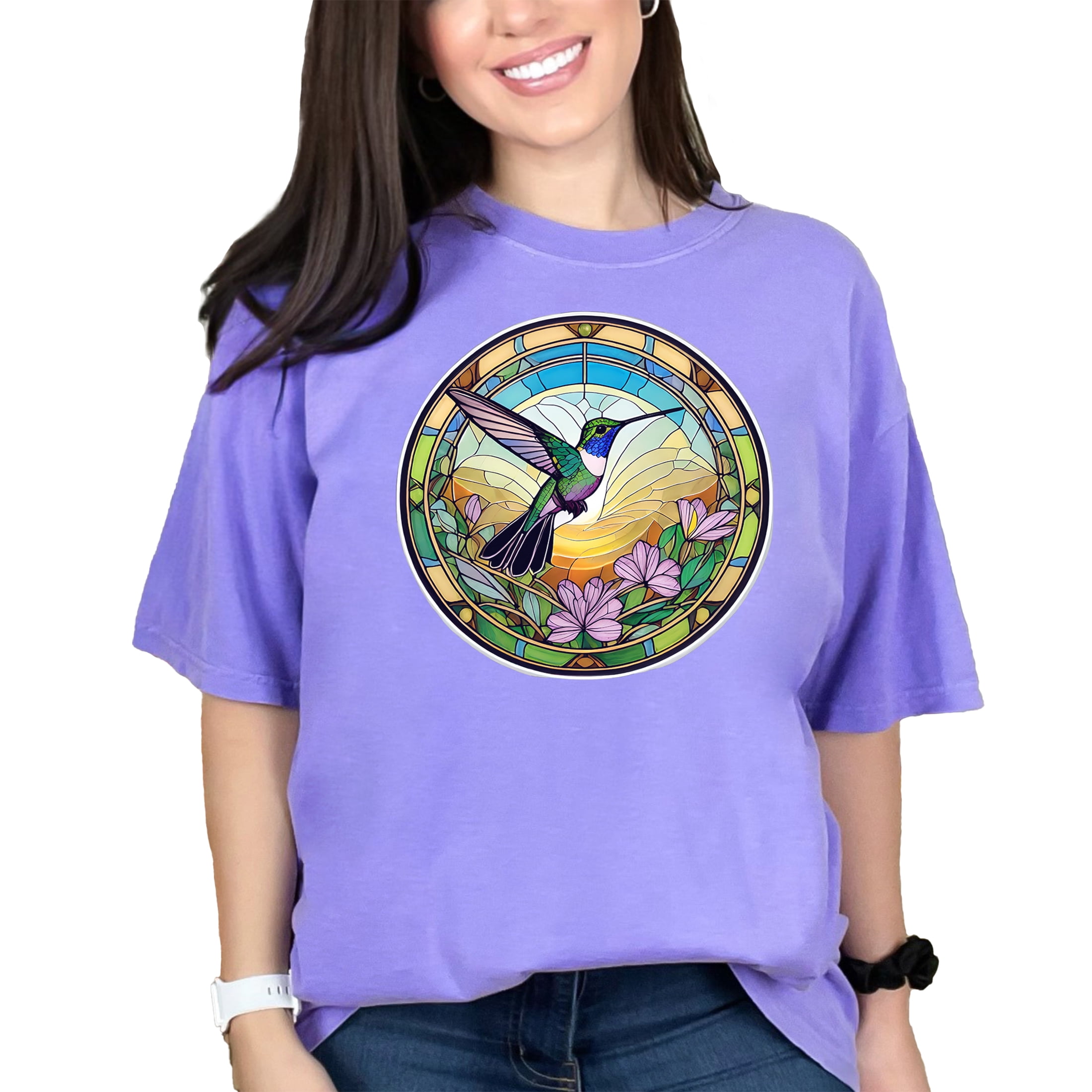 Women's Dandelion Printed T-Shirt – Hummingbird Faith Short Sleeve Tee, Size XL