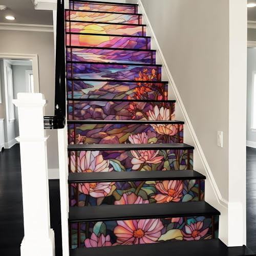 Colorful Stained Glass Mosaic Flower Peel and Stick Vinyl Stair Riser Decals Staircase Tile Stair Stickers Abstract Art Modern Decoration Self-Adhesive Home Decor Stair Decals (14 Pcs)$$Tools
