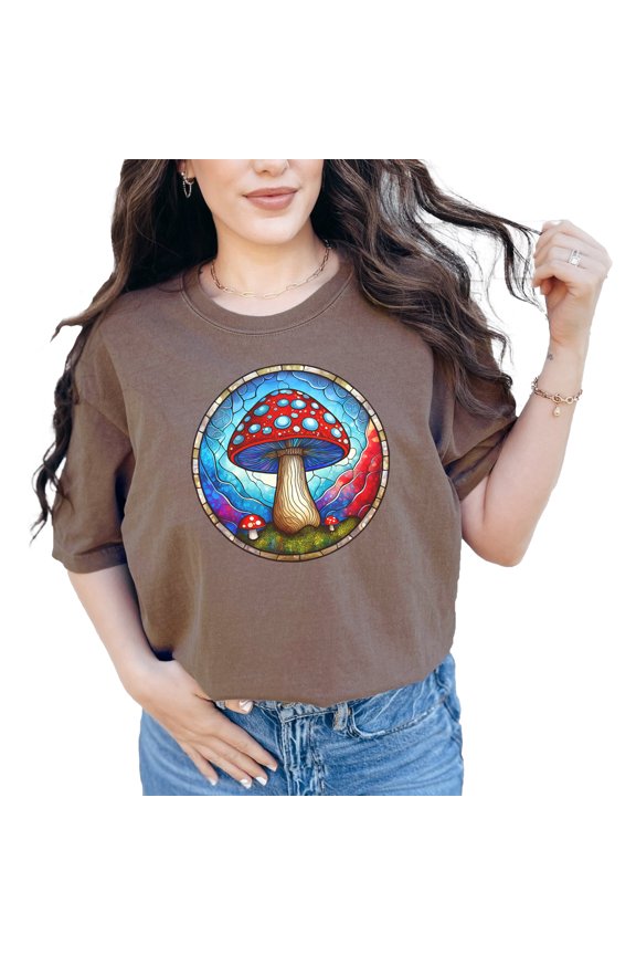Colorful Stained Glass Mushroom Art T-Shirt, Trippy Psychedelic Mushroom Design Tee, Unique Artistic Tee, Funky Mushroom Graphic Shirt, Espresso Comfort Colors T-Shirt, Small