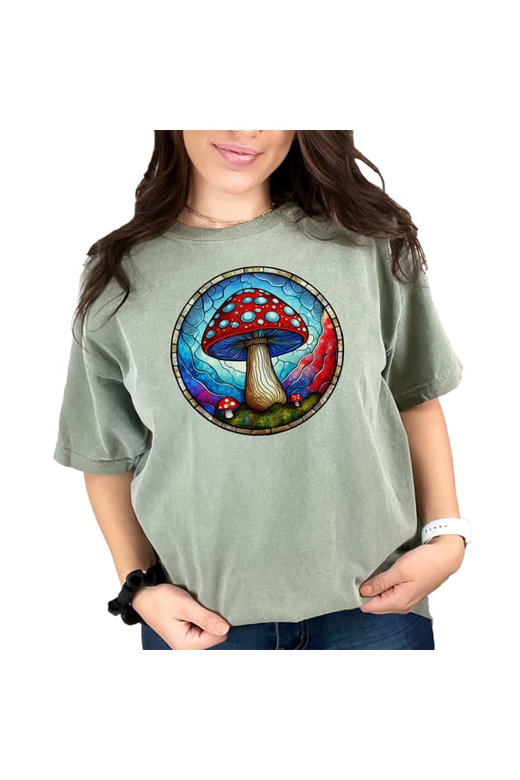 Colorful Stained Glass Mushroom Art T-Shirt, Trippy Psychedelic Mushroom Design Tee, Unique Artistic Tee, Funky Mushroom Graphic Shirt, Moss Comfort Colors T-Shirt, Medium