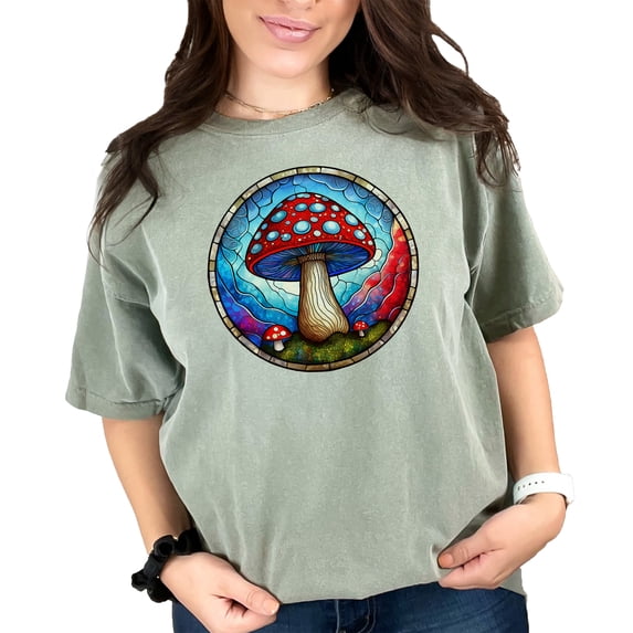 Colorful Stained Glass Mushroom Art T-Shirt, Trippy Psychedelic Mushroom Design Tee, Unique Artistic Tee, Funky Mushroom Graphic Shirt, Moss Comfort Colors T-Shirt, Small