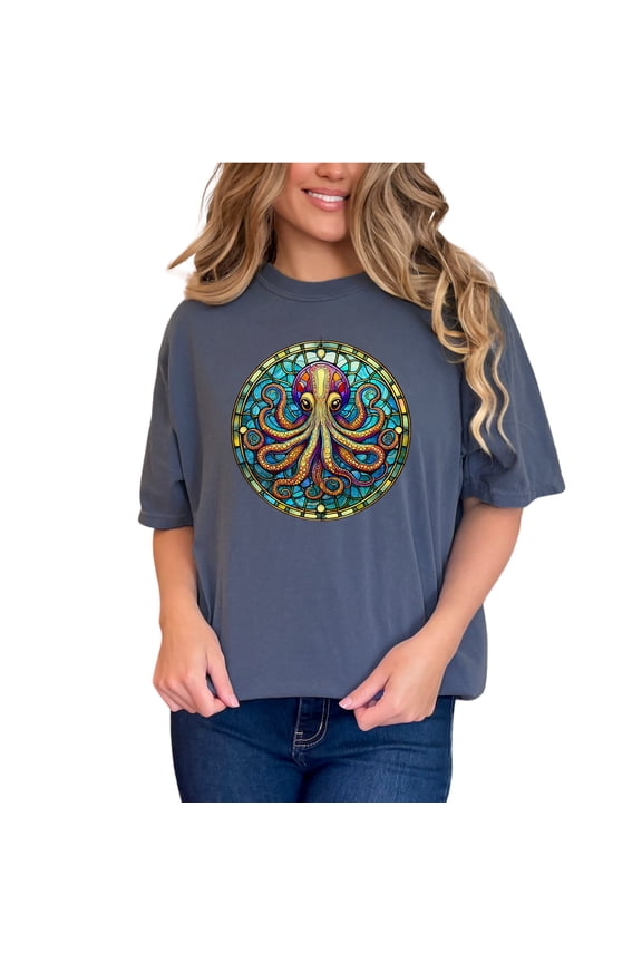 Colorful Stained Glass Octopus T-Shirt, Octopus Art Graphic Tee, Unique Animal Lover Shirt, Ocean Themed Clothing, Nautical Gift Idea, Denim Comfort Colors T-Shirt, Small