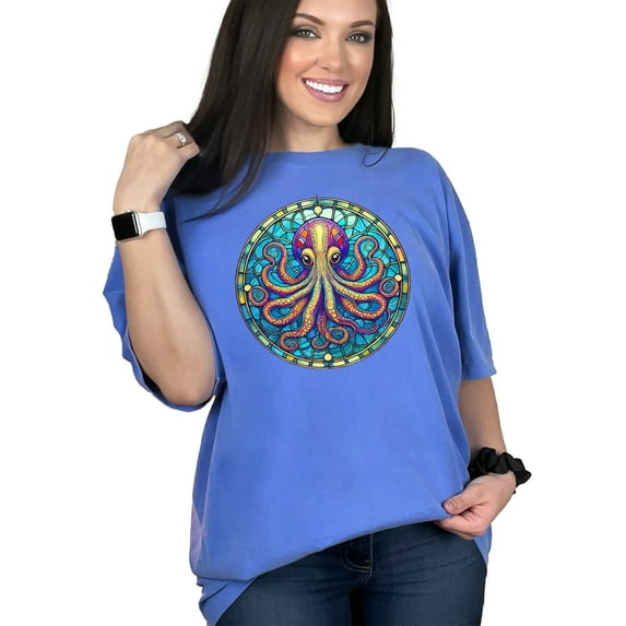 Colorful Stained Glass Octopus T-Shirt, Octopus Art Graphic Tee, Unique Animal Lover Shirt, Ocean Themed Clothing, Nautical Gift Idea, Flo Blue Comfort Colors T-Shirt, Small