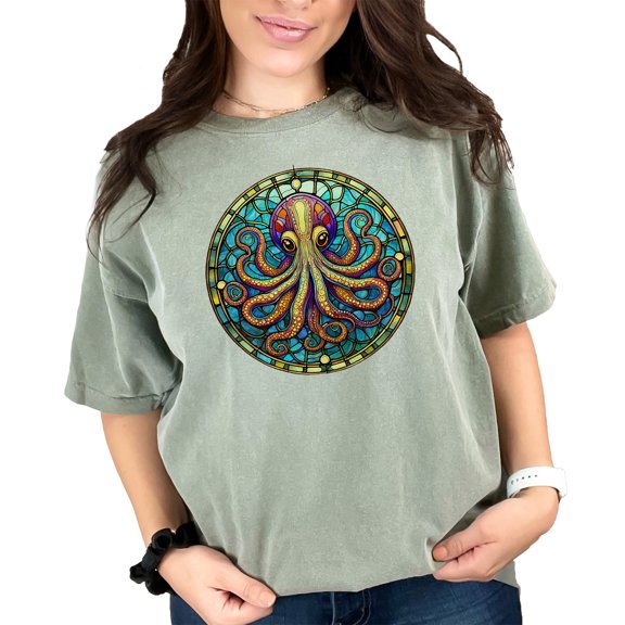Colorful Stained Glass Octopus T-Shirt, Octopus Art Graphic Tee, Unique Animal Lover Shirt, Ocean Themed Clothing, Nautical Gift Idea, Moss Comfort Colors T-Shirt, Large