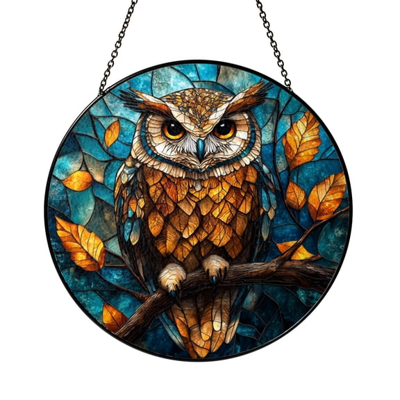 Colorful Stained Glass Owl Suncatcher for Window, Owl Perched on Tree Branch Woodland Art Round Hanging Decor, Wildlife Nature Light Gift