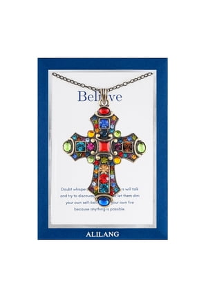 Colorful Stained Glass Rhinestone Cross Pendant Necklace Gift Message Card & Envelope Faith Jewelry Gifts-Believe