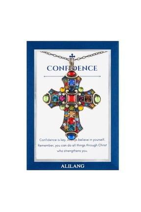 Colorful Stained Glass Rhinestone Cross Pendant Necklace Gift Message Card & Envelope Faith Jewelry Gifts-Confidence