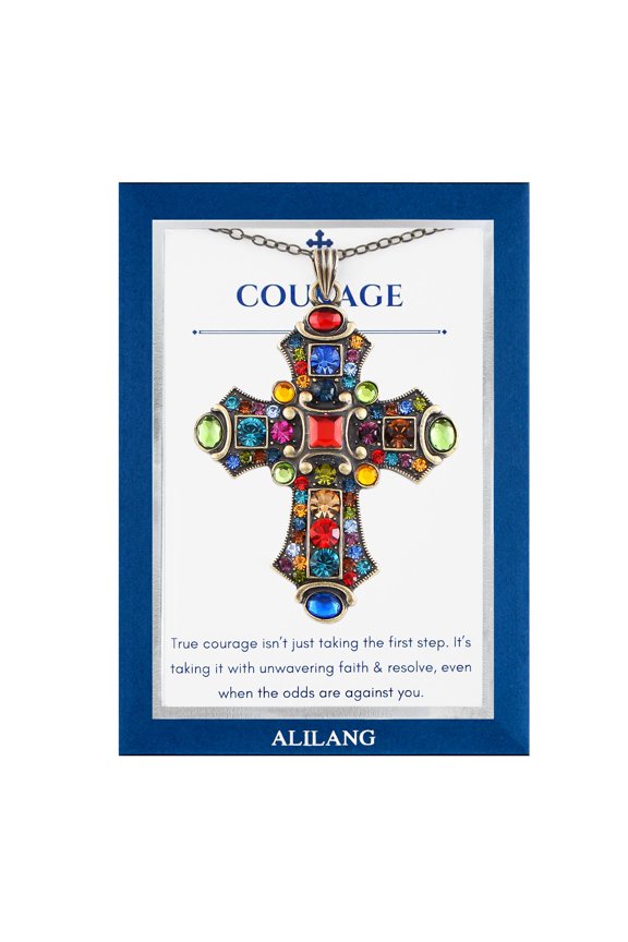 Colorful Stained Glass Rhinestone Cross Pendant Necklace Gift Message Card & Envelope Faith Jewelry Gifts-Courage