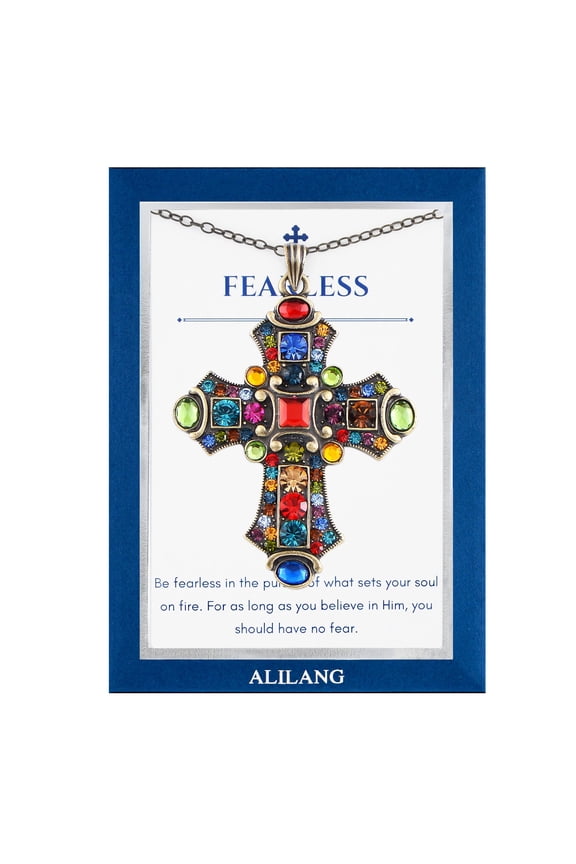 Colorful Stained Glass Rhinestone Cross Pendant Necklace Gift Message Card & Envelope Faith Jewelry Gifts-Grace