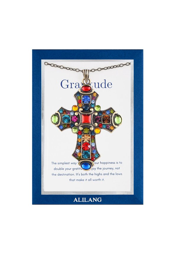 Colorful Stained Glass Rhinestone Cross Pendant Necklace Gift Message Card & Envelope Faith Jewelry Gifts-Gratitude