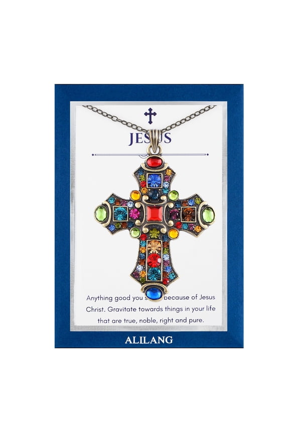 Colorful Stained Glass Rhinestone Cross Pendant Necklace Gift Message Card & Envelope Faith Jewelry Gifts-Jesus