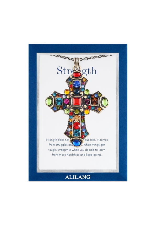 Colorful Stained Glass Rhinestone Cross Pendant Necklace Gift Message Card & Envelope Faith Jewelry Gifts-Strength and Struggle