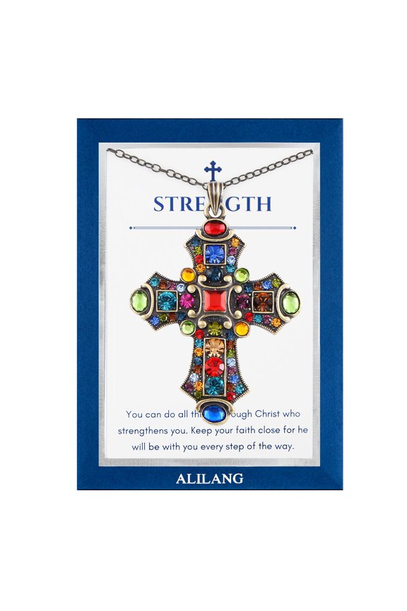 Colorful Stained Glass Rhinestone Cross Pendant Necklace Gift Message Card & Envelope Faith Jewelry Gifts-Strength