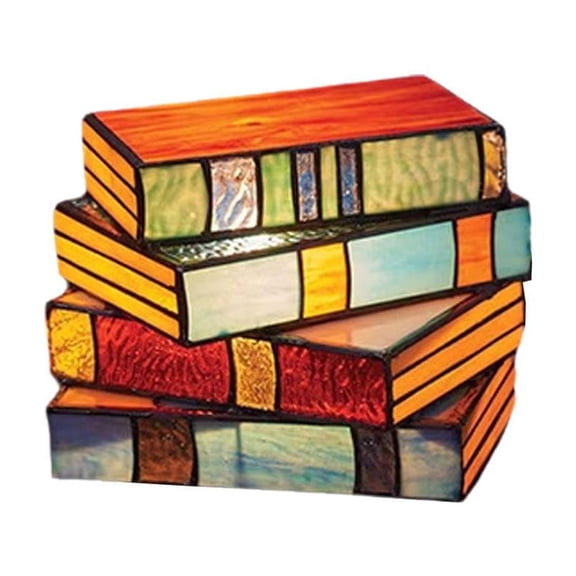 Colorful Stained Glass Stacked Books Lamp Resin Table Decor Art Deco Night Light for Shelf Desk Home Office