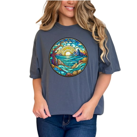 Colorful Stained Glass Sun and Sea Art T-Shirt, Beach Vibes Graphic Tee, Ocean Landscape Shirt, Summer Vacation Wear, Artistic Nature, Denim Comfort Colors T-Shirt, Large