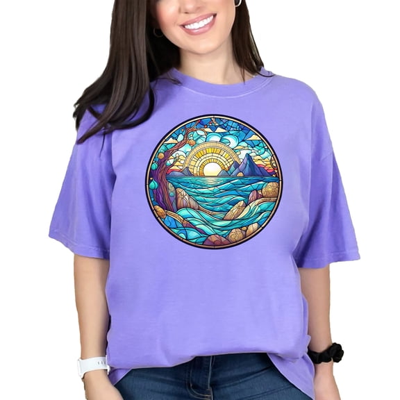 Colorful Stained Glass Sun and Sea Art T-Shirt, Beach Vibes Graphic Tee, Ocean Landscape Shirt, Summer Vacation Wear, Artistic Nature, Violet Comfort Colors T-Shirt, XL