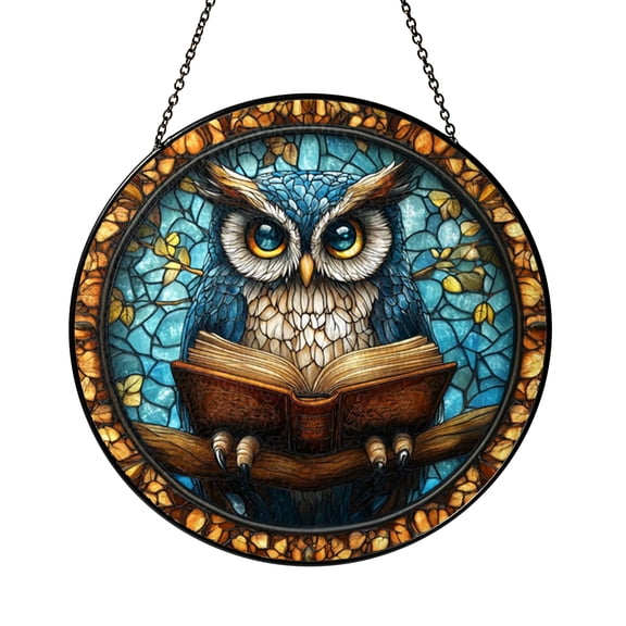 Colorful Stained Glass Window Hanging Wise Owl Sun Catcher, Reading Theme Window Decor Glass Panel for Home Decor, Library Aesthetic Wall Art, Indoor Window Suncatcher Gift for Book Lovers Readers