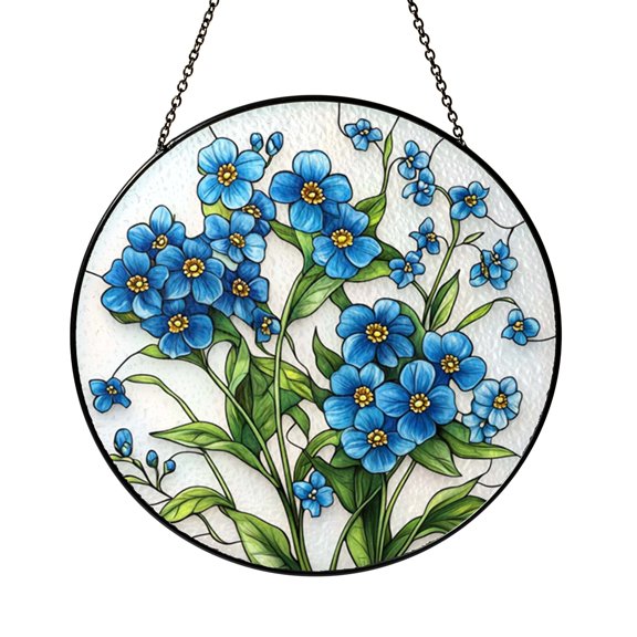 Colorful Stained Glass Window Suncatcher Blue Floral Panel, Botanical Window Decor Glass Panel for Home Decoration, Indoor Wall Art Window Hanging, Decorative Sun Catcher Gift