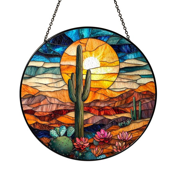 Colorful Stained Glass Window Suncatcher Cactus Panel, Plant Window Decor Glass Panel for Home Decoration, Indoor Wall Art Window Hanging, Decorative Sun Catcher Gift